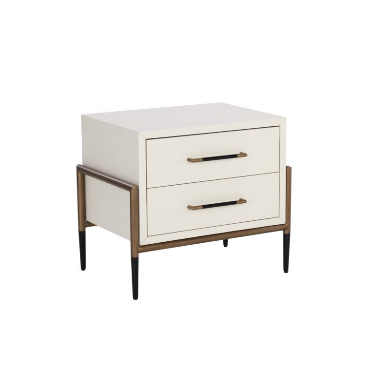 Cream and Gold 2-Drawer Mid Century Modern Nightstand