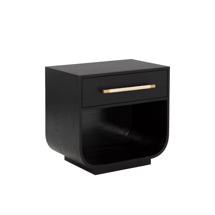 Modern Black Wood Nightstand with Brass Handle
