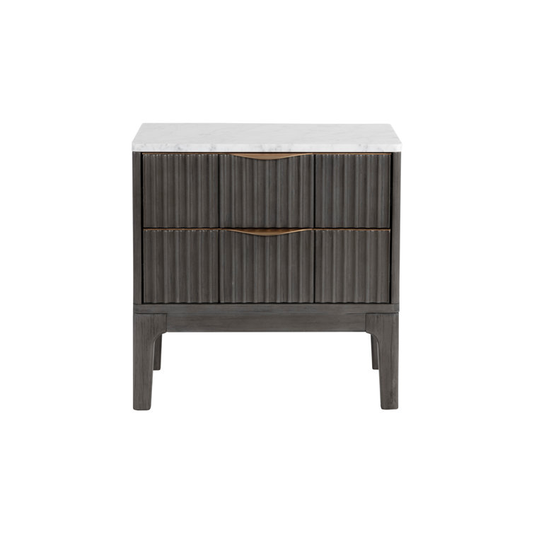 White Marble and Gray Acacia 2-Drawer Nightstand