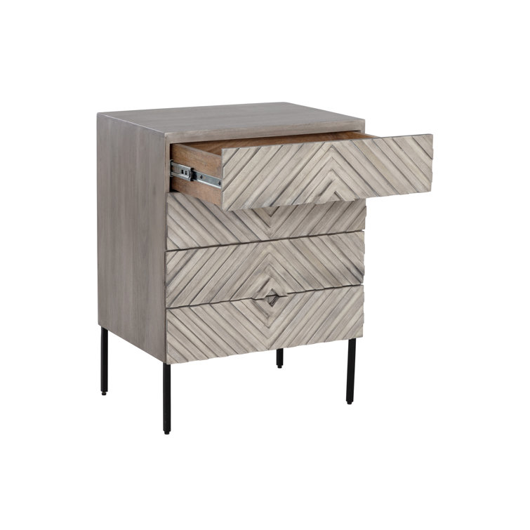 Gray Mango Wood 4-Drawer Chevron Nightstand
