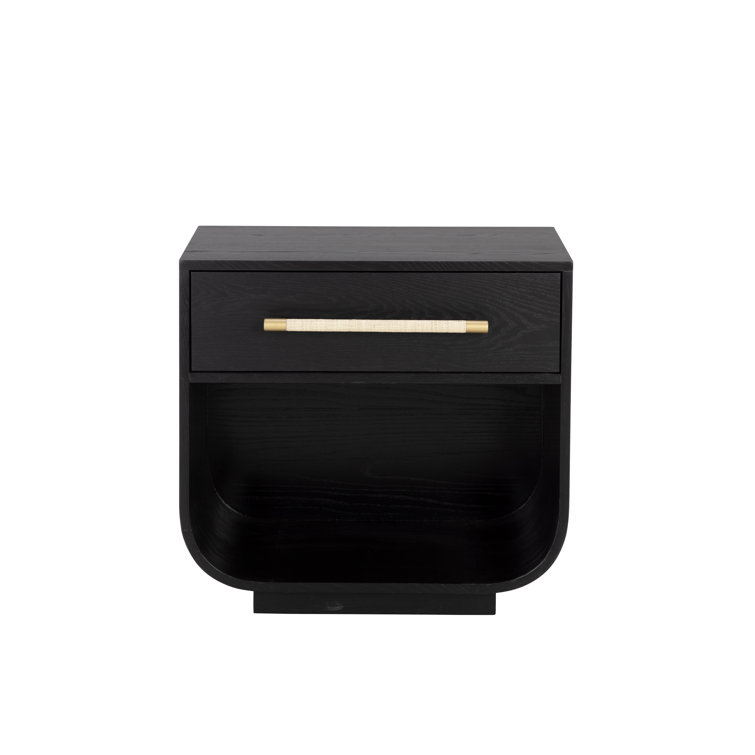 Modern Black Wood Nightstand with Brass Handle
