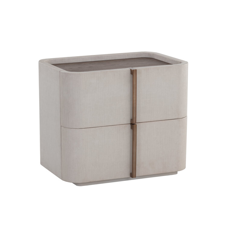 Cream Faux Leather 2-Drawer Nightstand with Oak Veneer Top