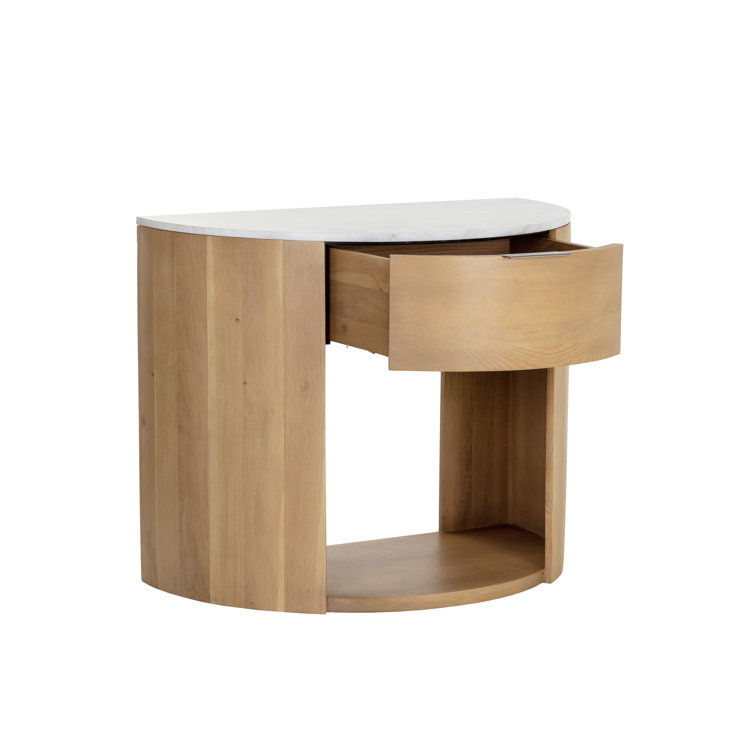Stella White Marble and Oak Nightstand with Brass Handle