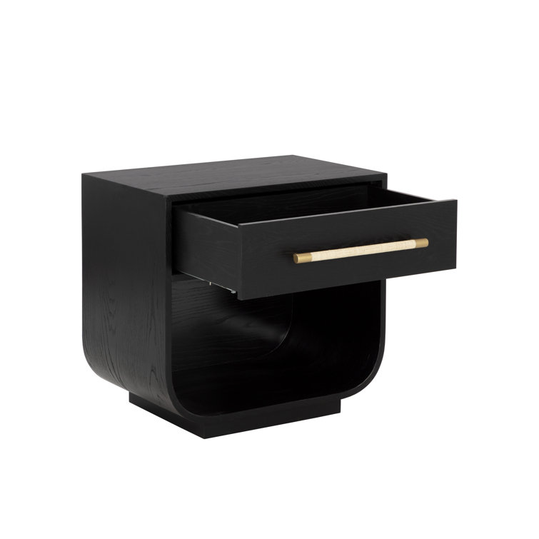Modern Black Wood Nightstand with Brass Handle