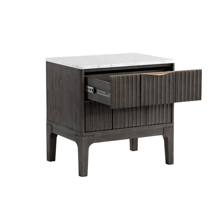 White Marble and Gray Acacia 2-Drawer Nightstand