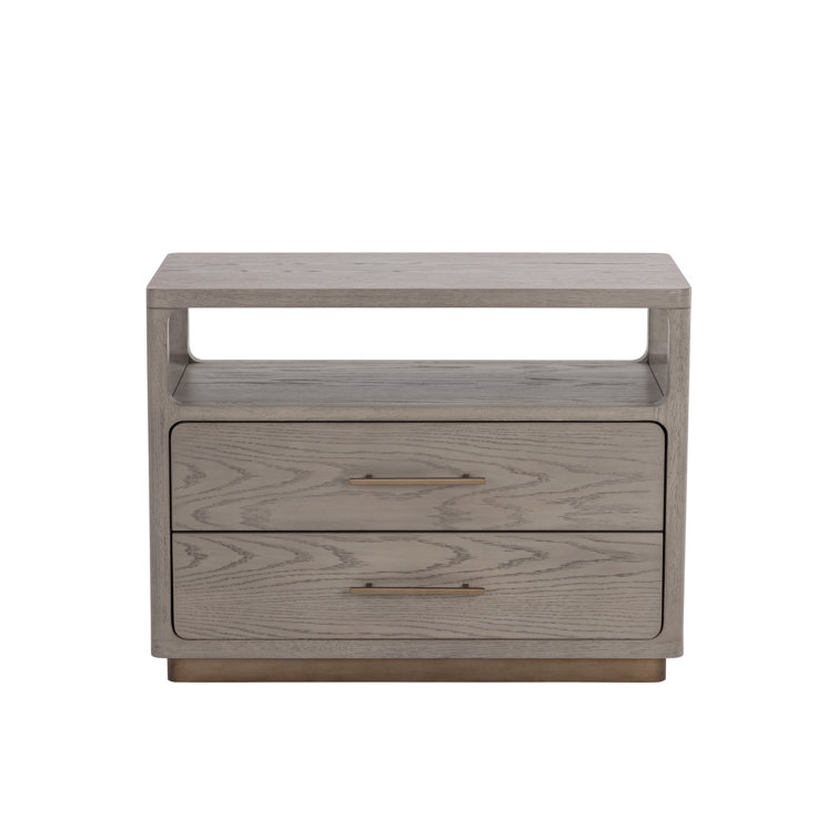 Gray Oak Veneer Nightstand with Brass Hardware