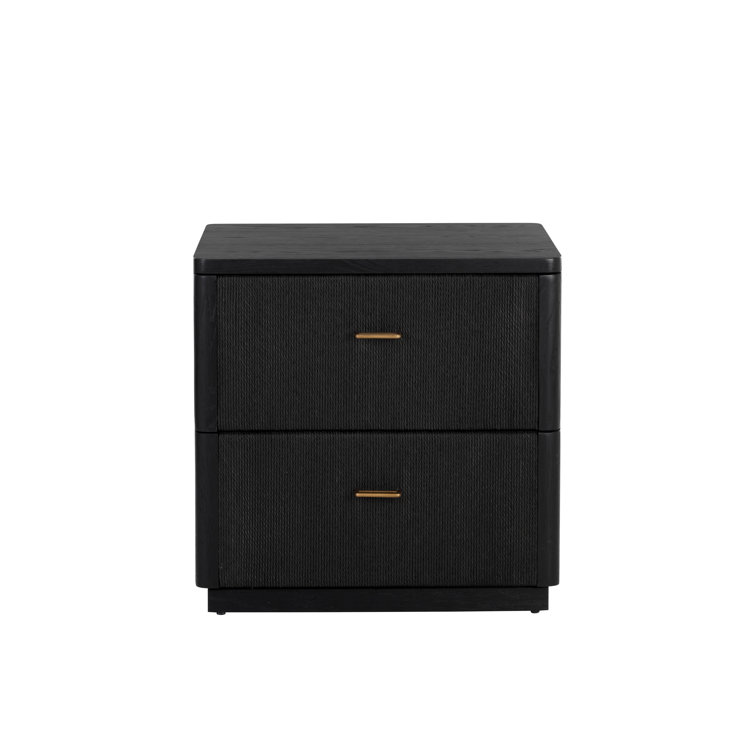 Black Oak 2-Drawer Transitional Nightstand with Brass Handles