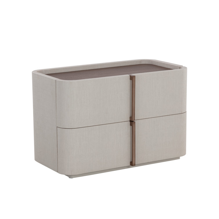 Cream Faux Leather 2-Drawer Nightstand with Oak Veneer Top