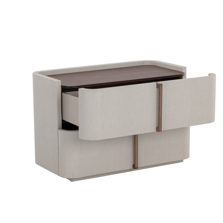 Cream Faux Leather 2-Drawer Nightstand with Oak Veneer Top