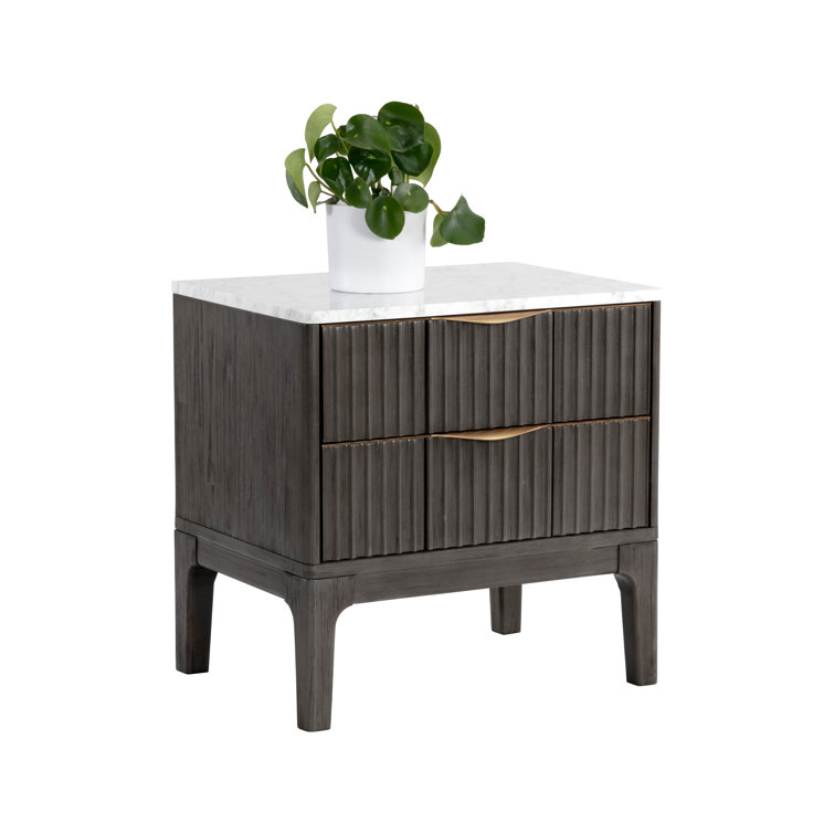 White Marble and Gray Acacia 2-Drawer Nightstand