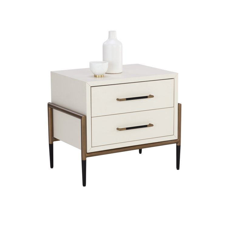 Cream and Gold 2-Drawer Mid Century Modern Nightstand