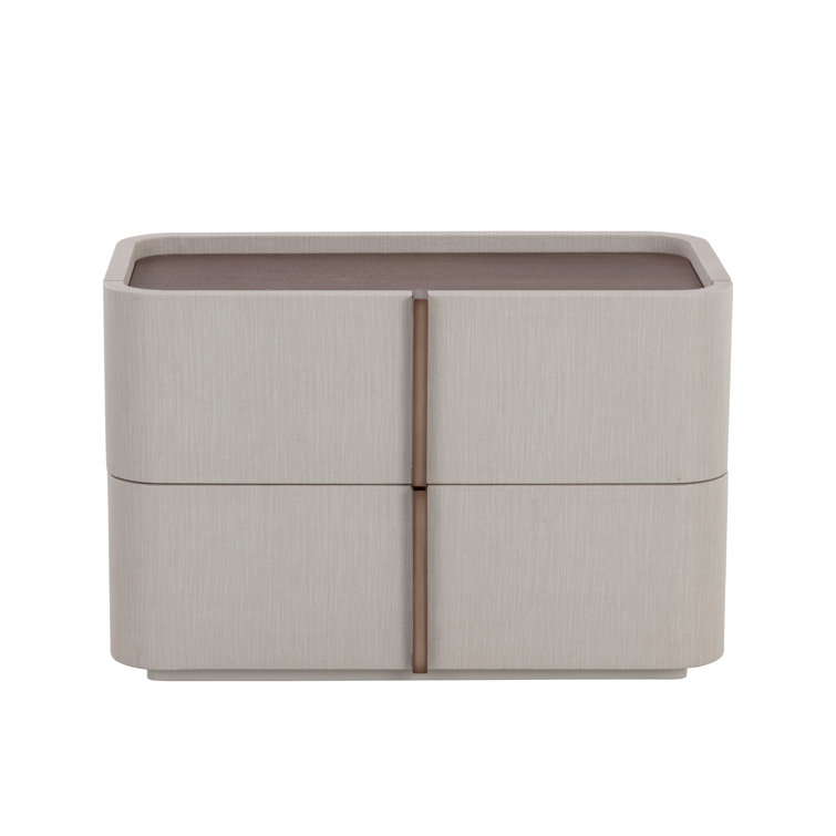 Cream Faux Leather 2-Drawer Nightstand with Oak Veneer Top