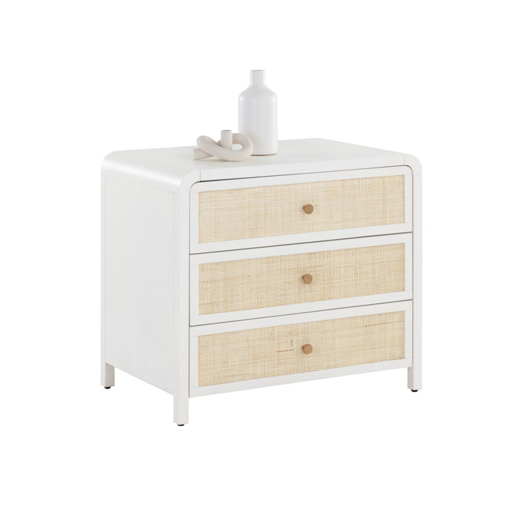 White and Rattan 3-Drawer Nightstand with Copper Hardware