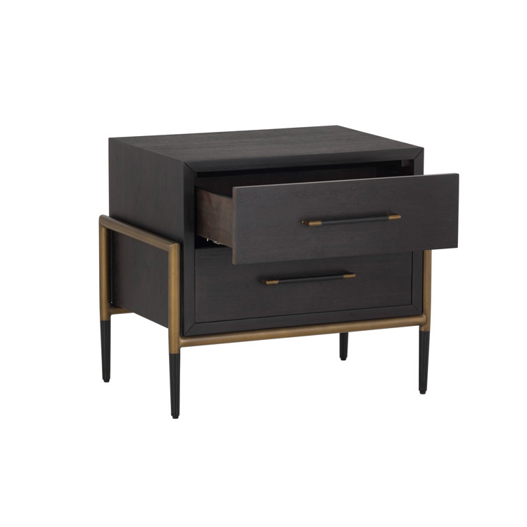 Brown Transitional 2-Drawer Nightstand with Metal Accents
