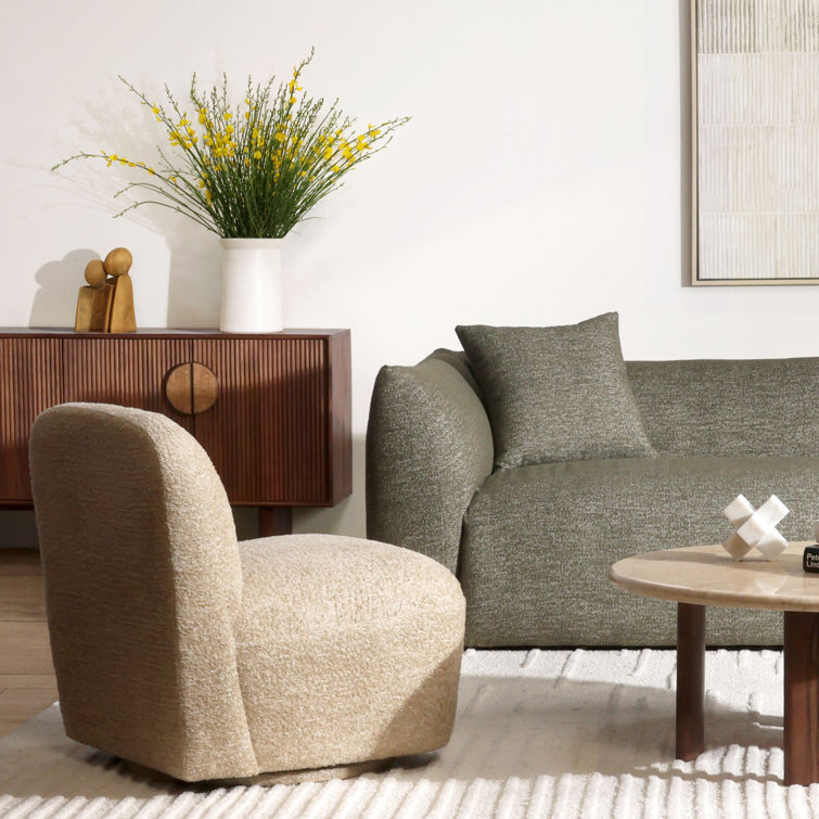 Beige Polyester Barrel Swivel Armchair with Wood Frame