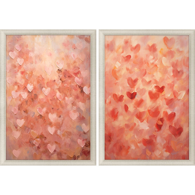 Champagne Gold Framed Red and Pink Heart Pattern Prints