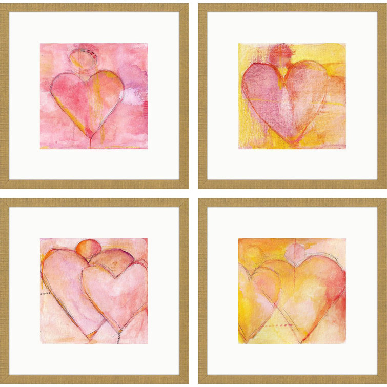 Set of 4 Distressed Gold Framed Heart Art Prints