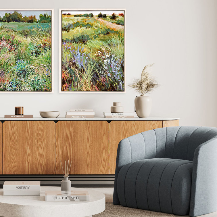 Green Meadow Landscape Canvas with Whitewash Floater Frame