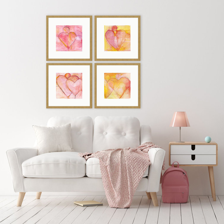 Set of 4 Distressed Gold Framed Heart Art Prints