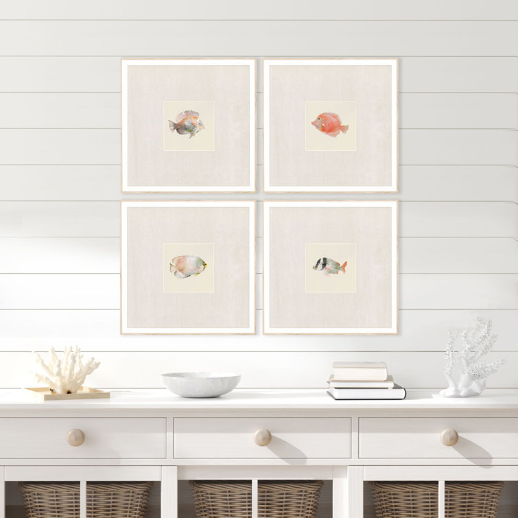 Set of 4 Coastal Fish Prints in Ribbed White Wood Frame