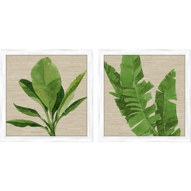 Whitewash Distressed Wood Framed Green Palm Leaf Art Set
