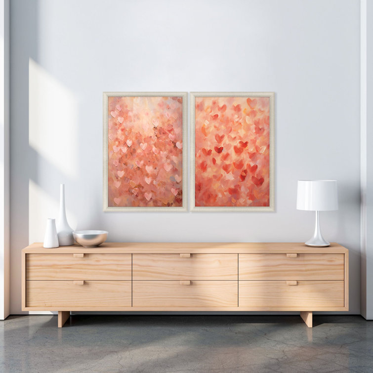 Champagne Gold Framed Red and Pink Heart Pattern Prints