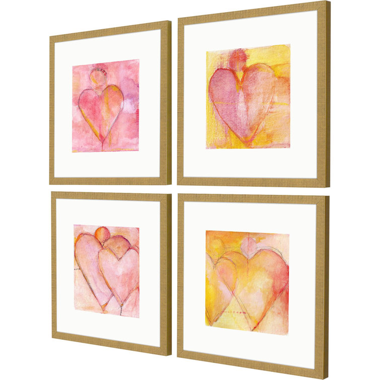 Set of 4 Distressed Gold Framed Heart Art Prints