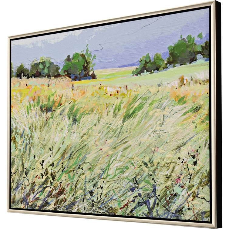 Wild Meadow Green Landscape Canvas with Warm Silver Frame