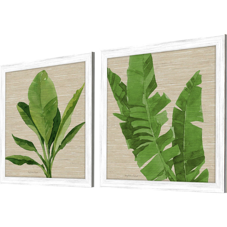 Whitewash Distressed Wood Framed Green Palm Leaf Art Set