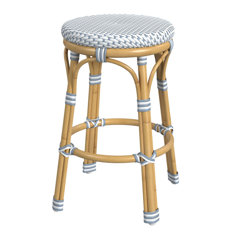 Blue and Natural Wicker Patio Counter Stool with Metal Legs
