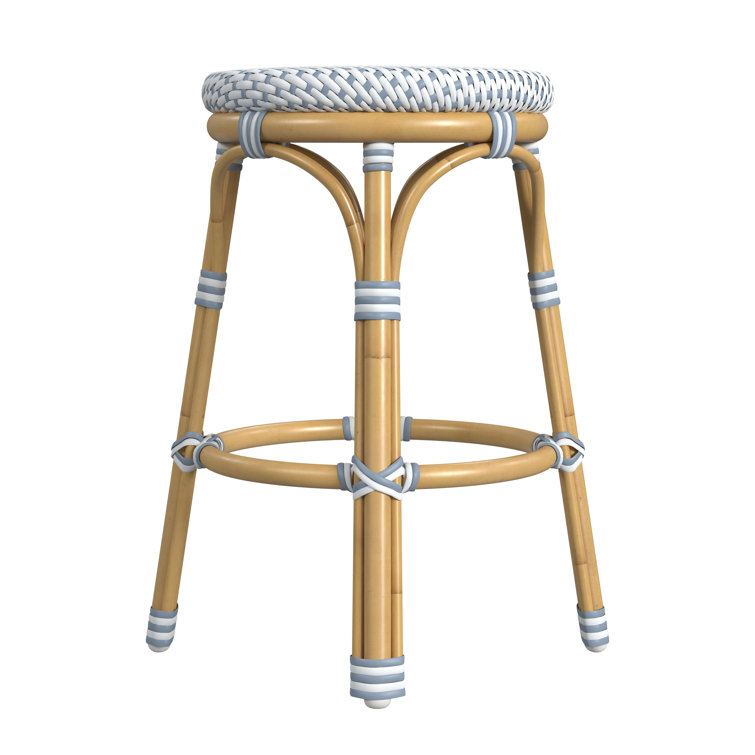 Blue and Natural Wicker Patio Counter Stool with Metal Legs