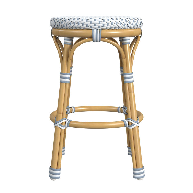 Blue and Natural Wicker Patio Counter Stool with Metal Legs