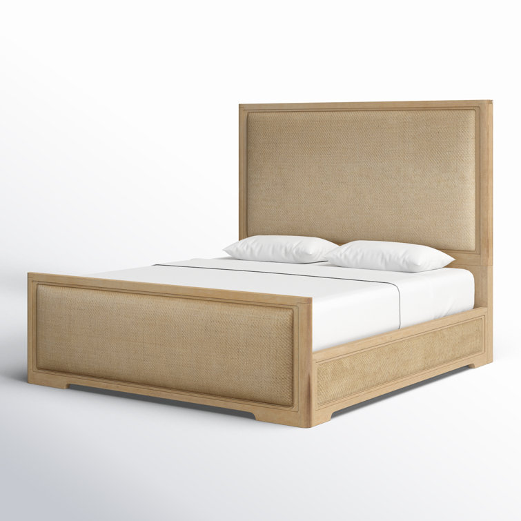 Beige King Wood Frame Panel Bed with Upholstered Headboard