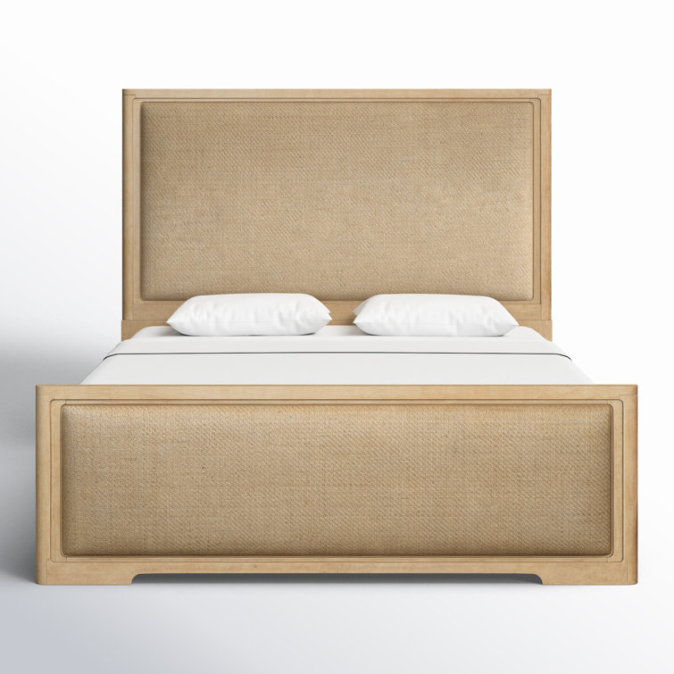 Beige King Wood Frame Panel Bed with Upholstered Headboard