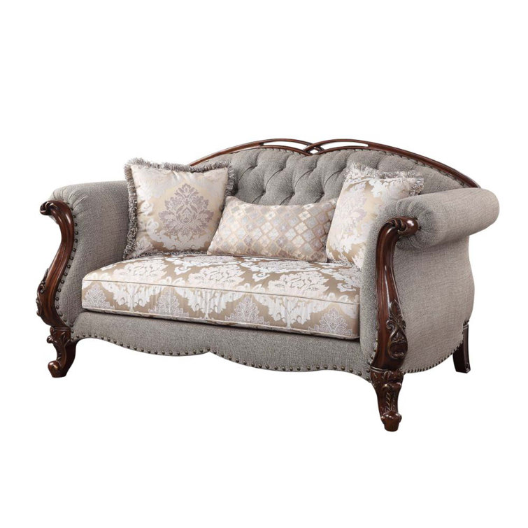 Elegant Gray Floral 73'' Tufted Fabric Loveseat with Nailhead Accents