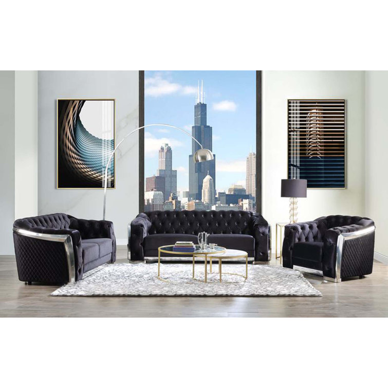 Black Velvet and Chrome Tufted Accent Chair