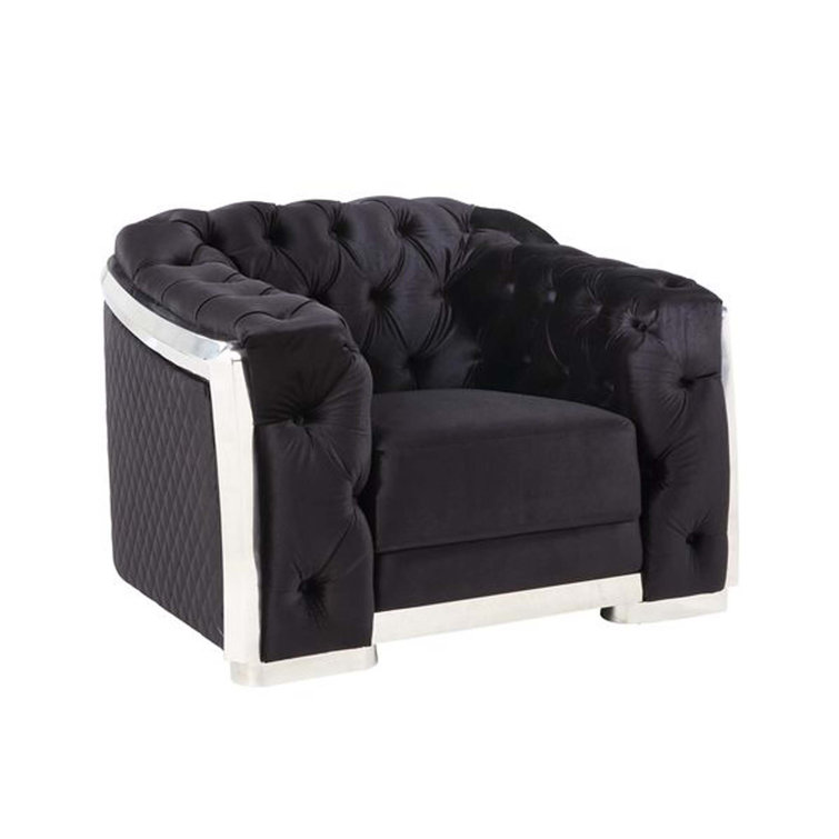 Black Velvet and Chrome Tufted Accent Chair