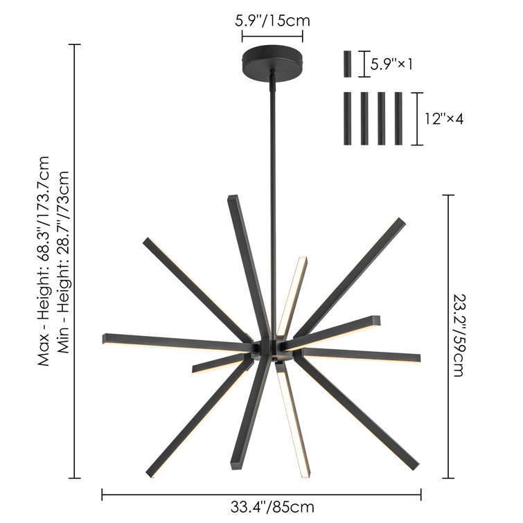 Black Aluminum 12-Light Sputnik Linear Chandelier