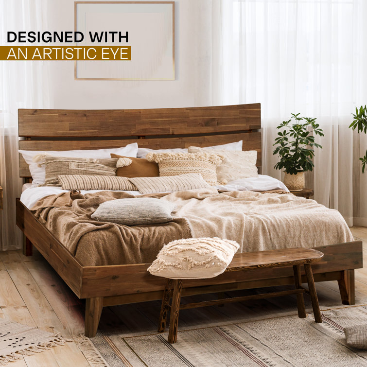 Aurora Black Queen Acacia Wood Bed Frame with Headboard