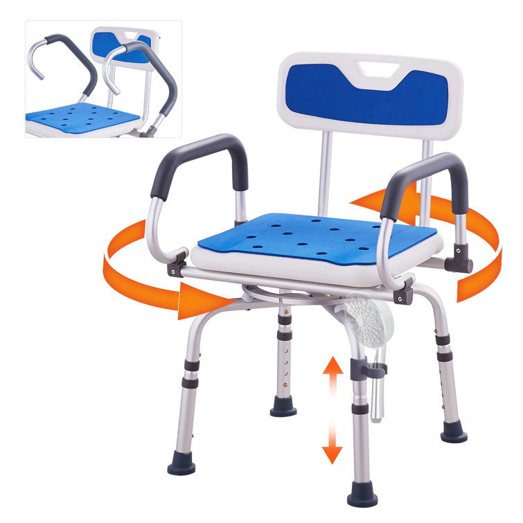 Adjustable Blue Plastic 360° Swivel Shower Chair with Armrests