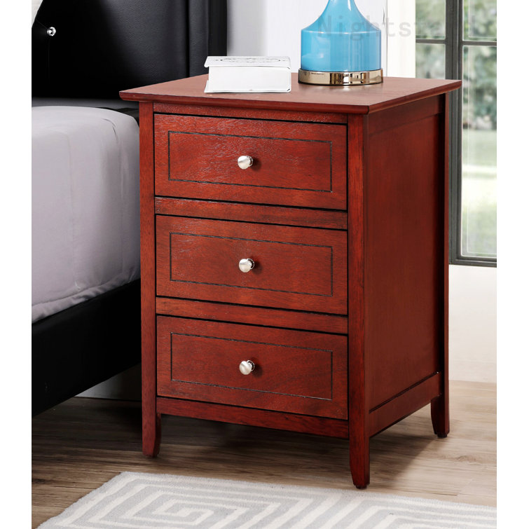 Cherry Wood 3-Drawer Nightstand with Nickel Hardware