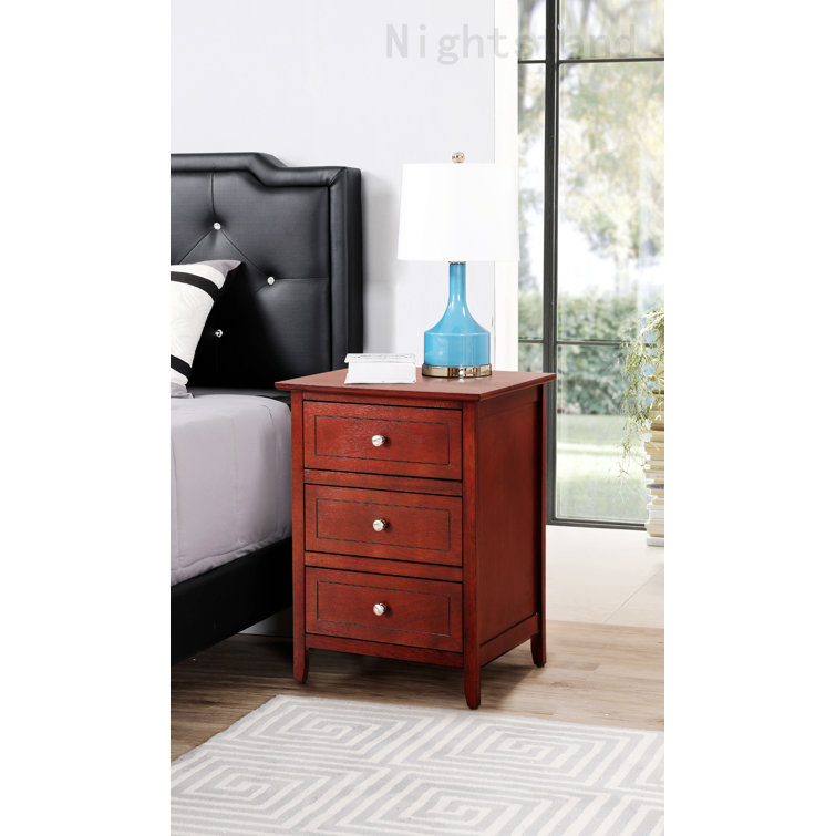 Cherry Wood 3-Drawer Nightstand with Nickel Hardware