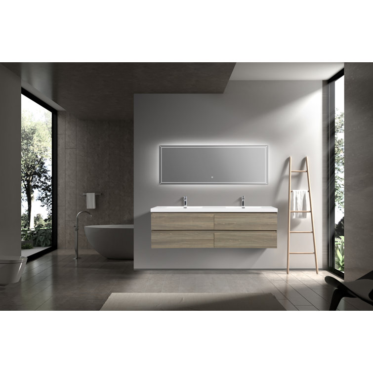 Ash Grey Wall-Mounted Double Sink Vanity with Resin Top