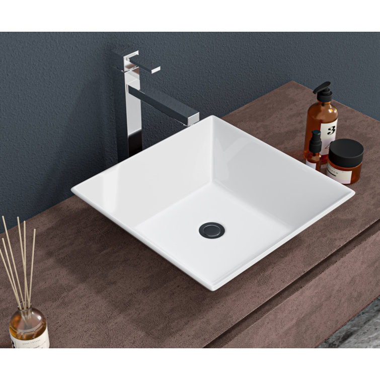 16-Inch White Ceramic Square Vessel Bathroom Sink