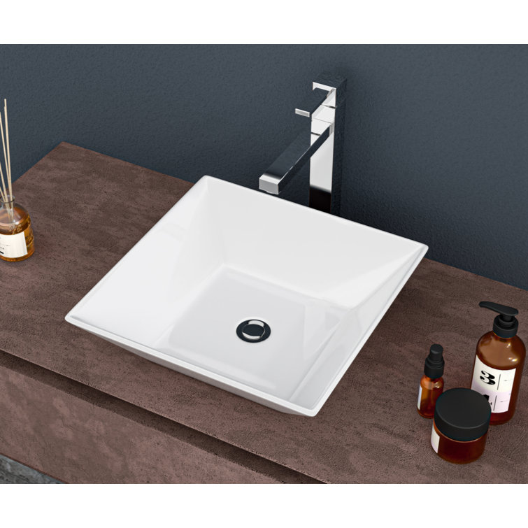 16-Inch White Ceramic Square Vessel Bathroom Sink