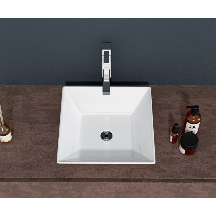 16-Inch White Ceramic Square Vessel Bathroom Sink