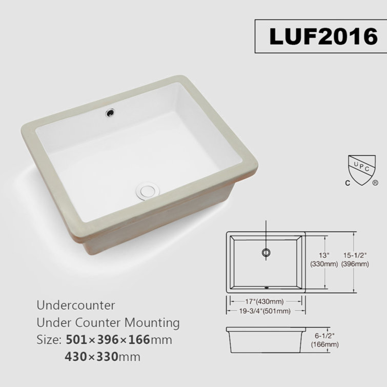 19.75'' White Ceramic Rectangular Undermount Bathroom Sink