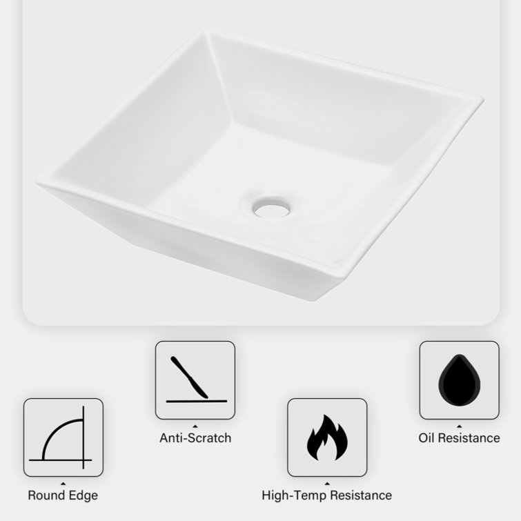 16-Inch White Ceramic Square Vessel Bathroom Sink