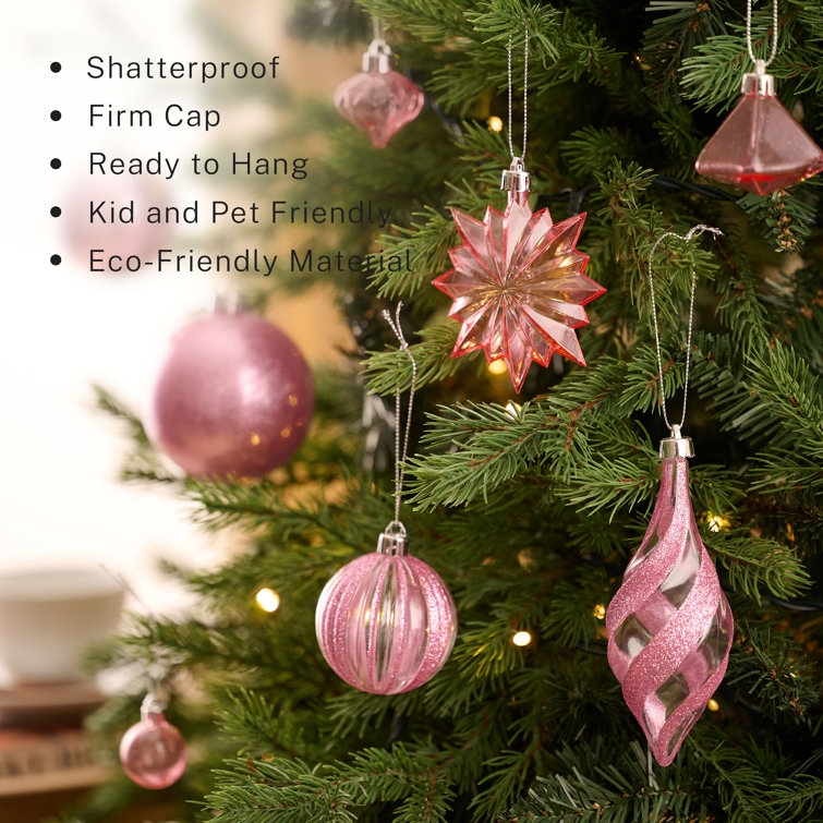 100ct Pink Shatterproof Plastic Christmas Ornaments Set