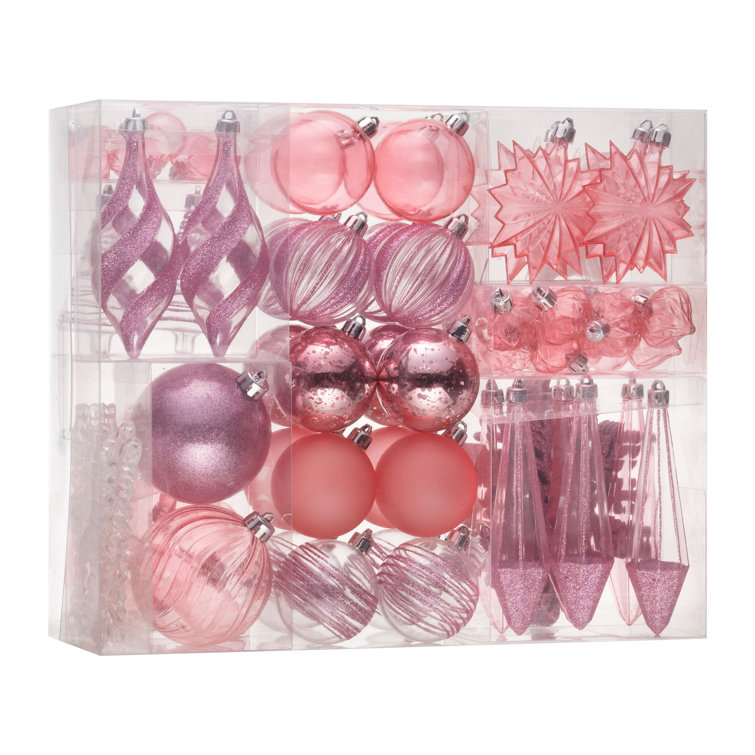 100ct Pink Shatterproof Plastic Christmas Ornaments Set